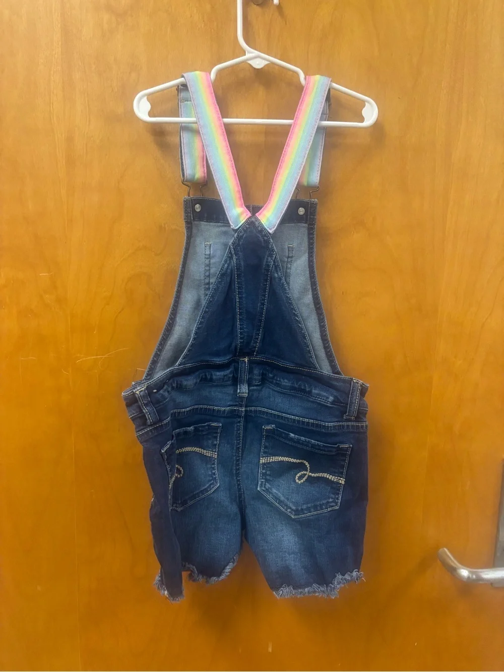 Justice Dark Blue Denim Short Overalls with Rainbow Straps